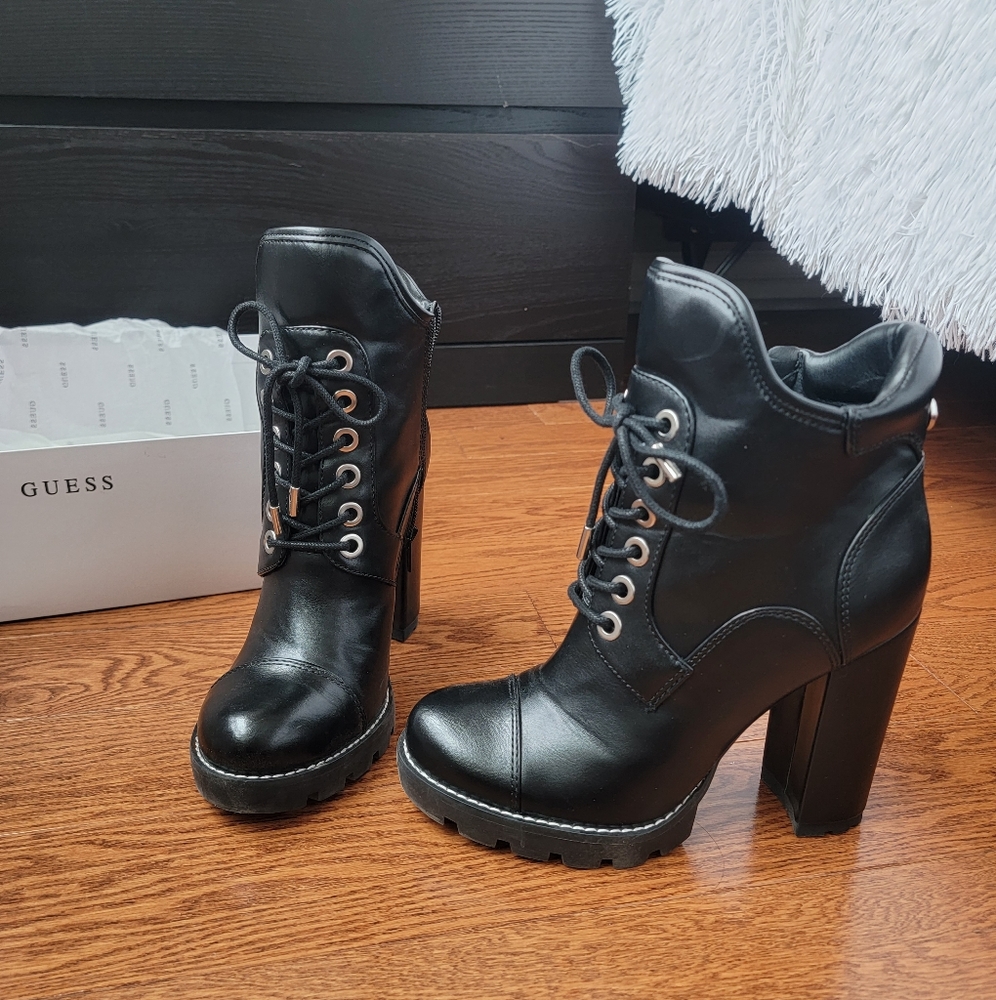 Guess Faux Leather Black Platform Booty Heels 4"